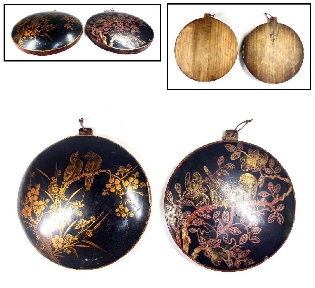 明時代 黒漆描金花鳥文掛屏 対 直径約15cm 伝世品焼物 歴史 WWWT001