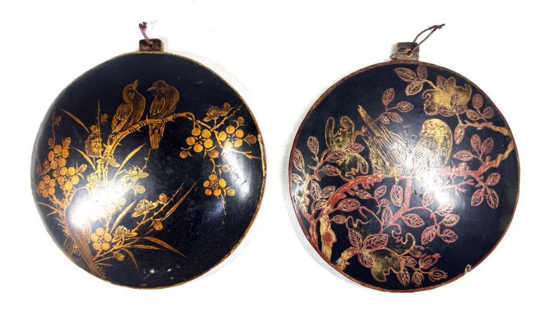 明時代 黒漆描金花鳥文掛屏 対 直径約15cm 伝世品焼物 歴史 WWWT001