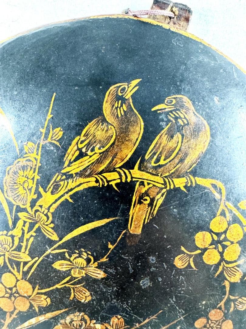 明時代 黒漆描金花鳥文掛屏 対 直径約15cm 伝世品焼物 歴史 WWWT001