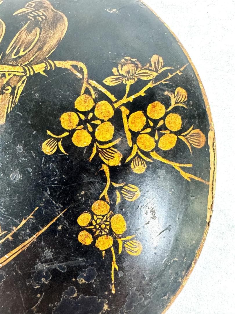 明時代 黒漆描金花鳥文掛屏 対 直径約15cm 伝世品焼物 歴史 WWWT001