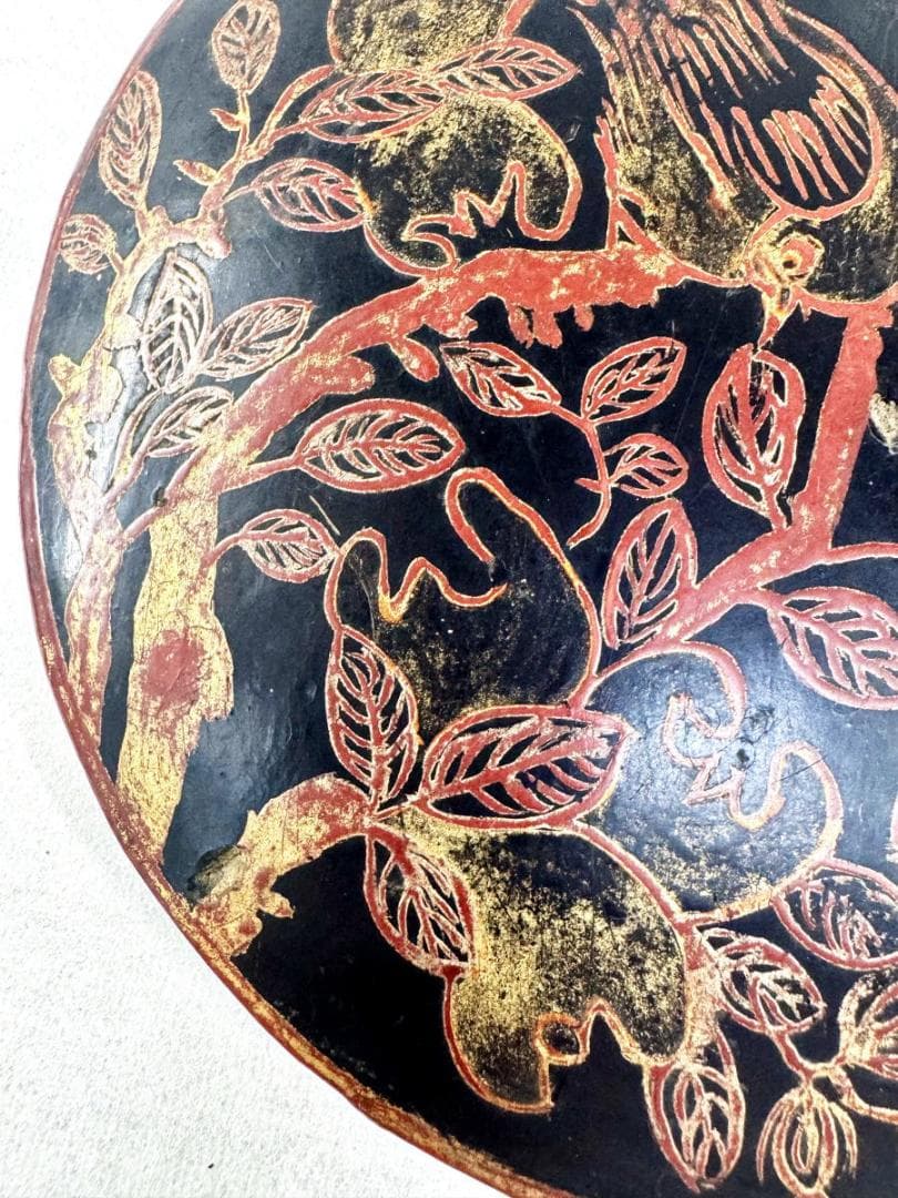 明時代 黒漆描金花鳥文掛屏 対 直径約15cm 伝世品焼物 歴史 WWWT001