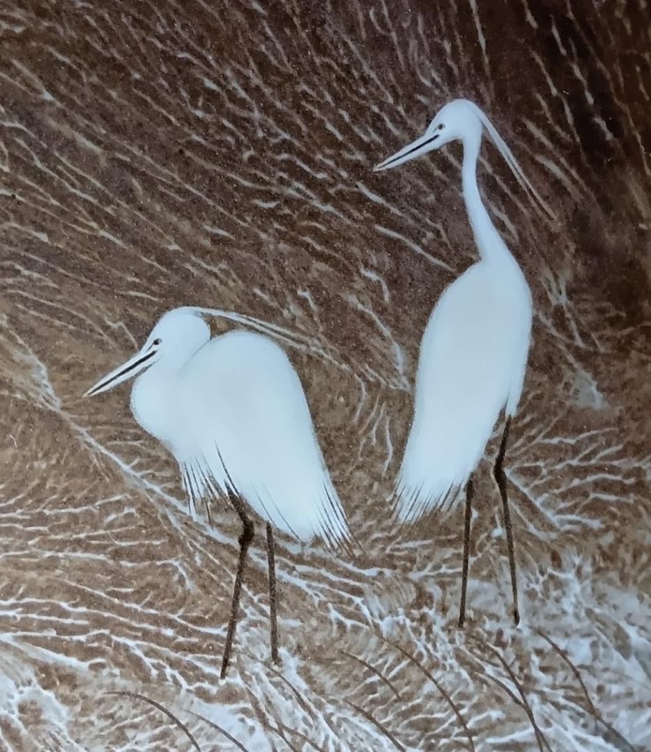 臥牛窯　十三代横石臥牛作　唄川菓子鉢　刷毛白鷺図　現川焼　木箱付き