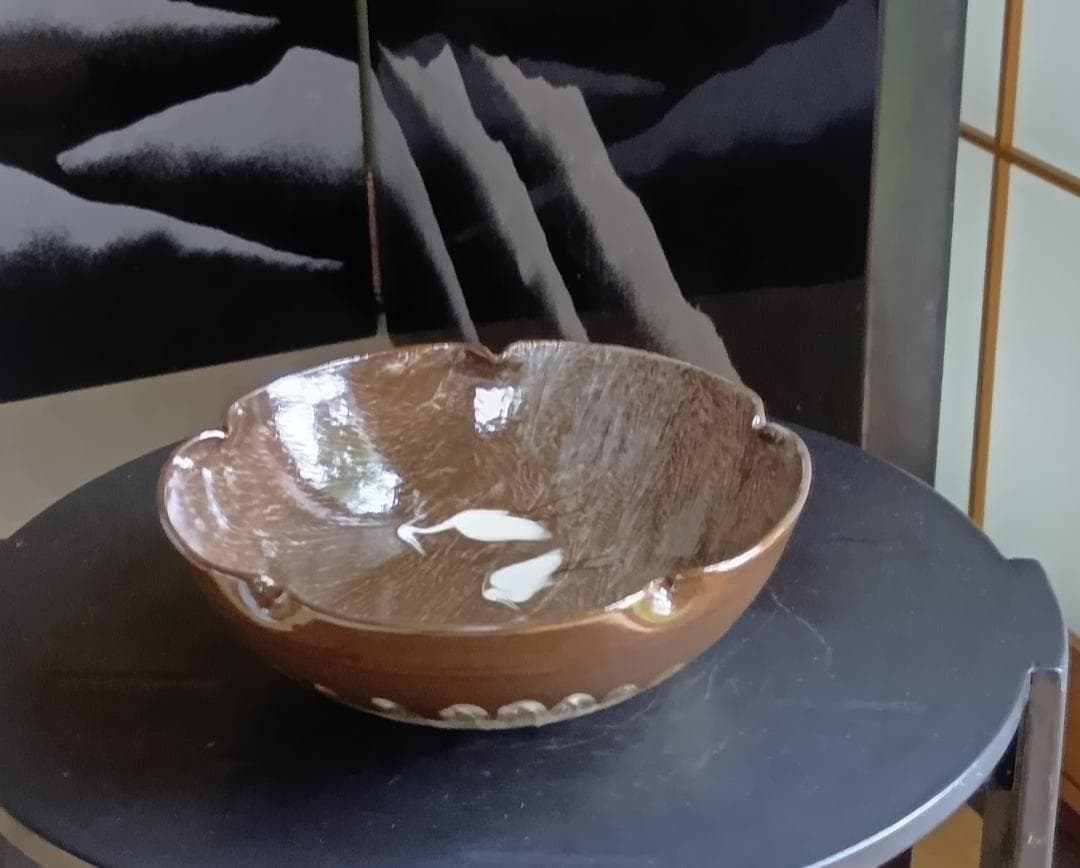 臥牛窯　十三代横石臥牛作　唄川菓子鉢　刷毛白鷺図　現川焼　木箱付き