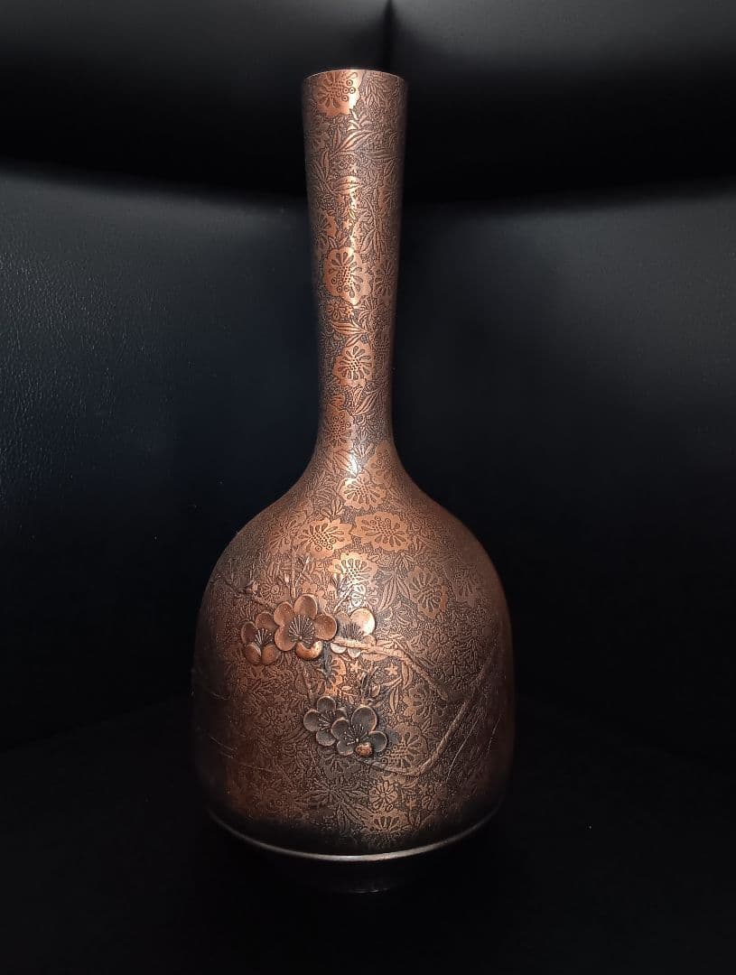 【希少/逸品】三宝 SANPO 銅製 花瓶 鴛鴦（おしどり）梅 高彫 23cm