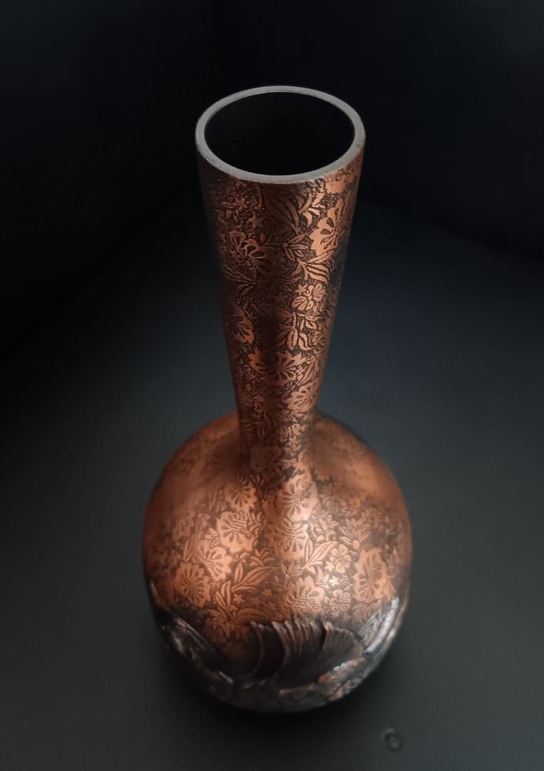 【希少/逸品】三宝 SANPO 銅製 花瓶 鴛鴦（おしどり）梅 高彫 23cm