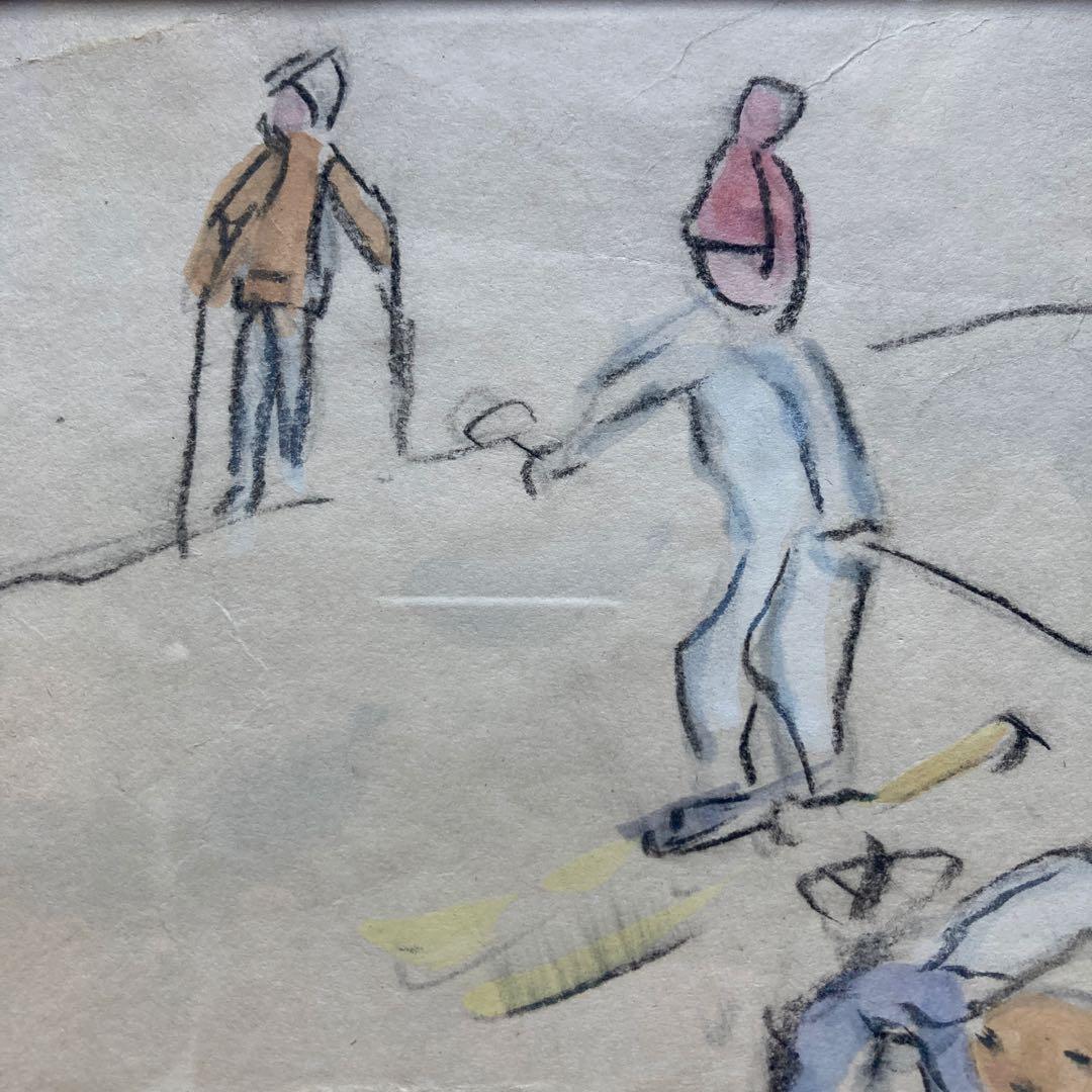 いわさきちひろ「少年スキーヤー」仮題　水彩額41.5×53絵￼25.5×31cm