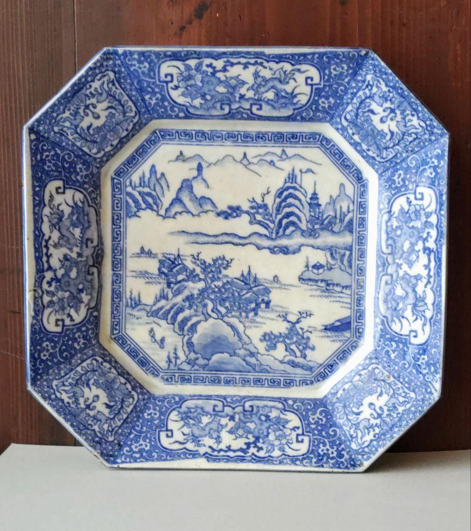 100年前の角皿　山水図　銅版転写　明治時代