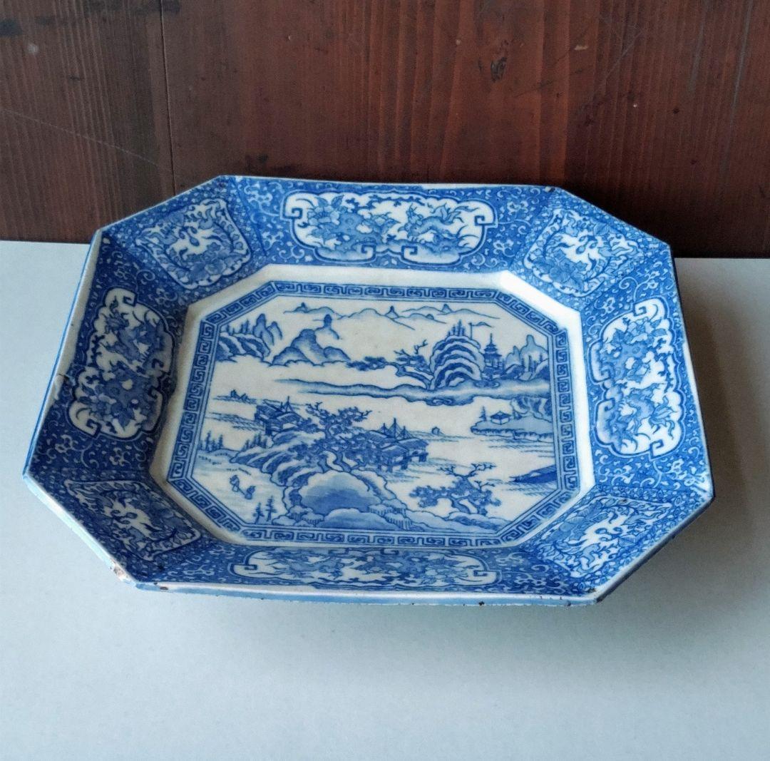 100年前の角皿　山水図　銅版転写　明治時代