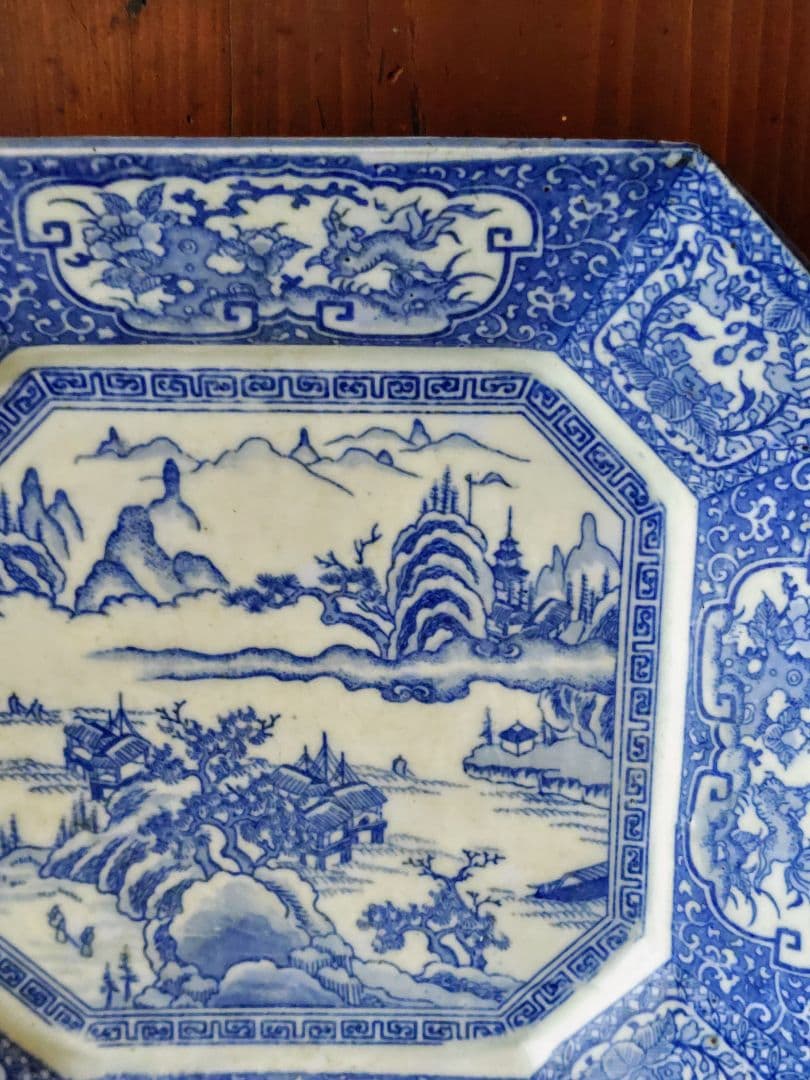 100年前の角皿　山水図　銅版転写　明治時代