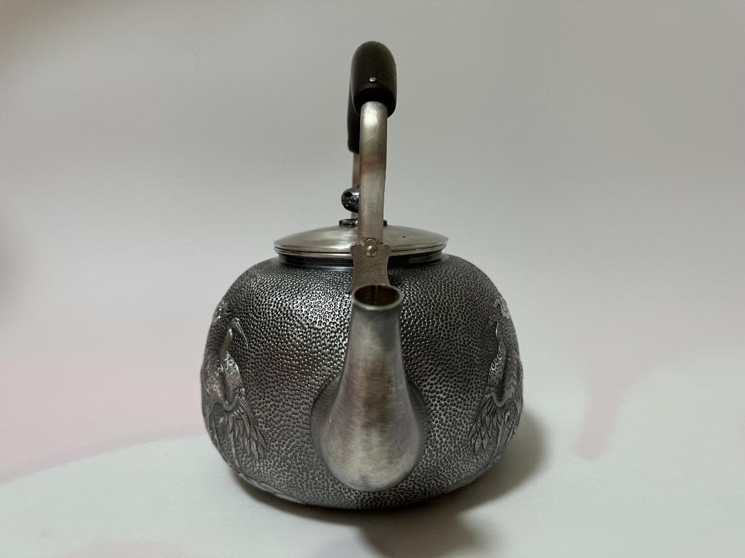 極上純銀製 仙鶴雲花文様 高工芸 湯沸 銀瓶 煎茶道具 重量1521g