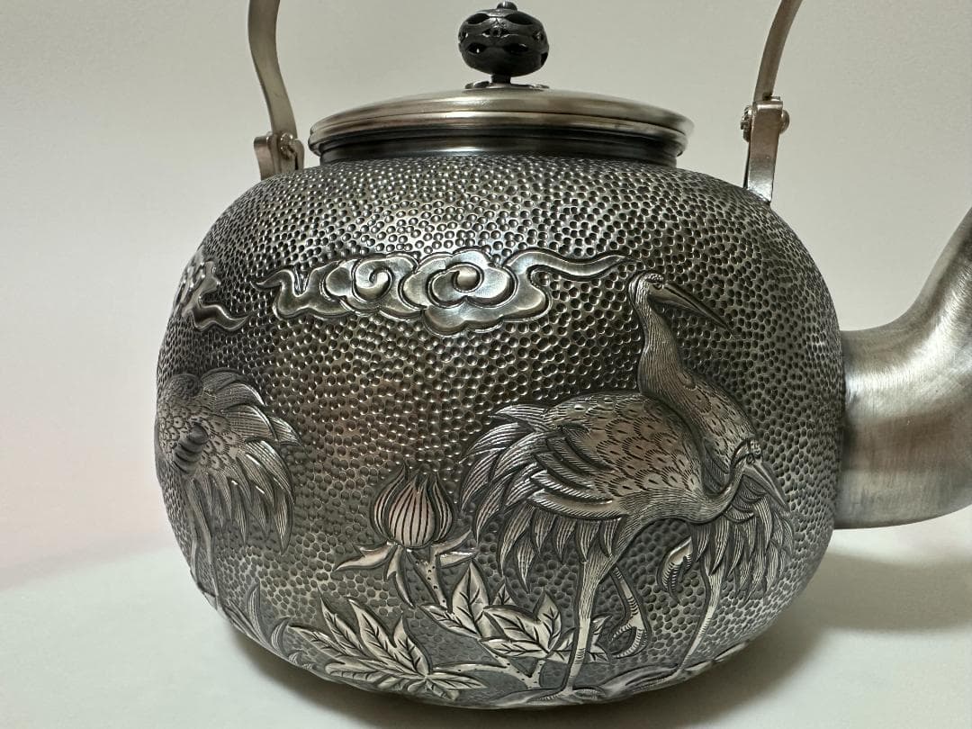 極上純銀製 仙鶴雲花文様 高工芸 湯沸 銀瓶 煎茶道具 重量1521g