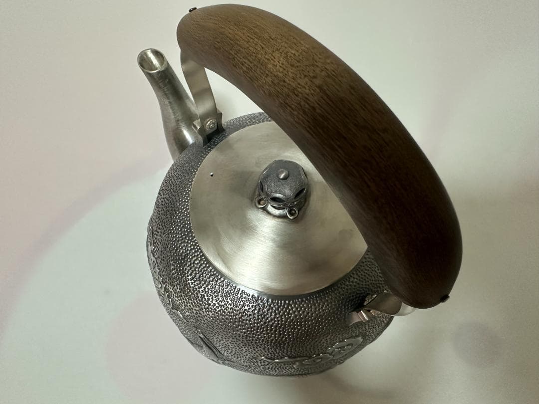 極上純銀製 仙鶴雲花文様 高工芸 湯沸 銀瓶 煎茶道具 重量1521g