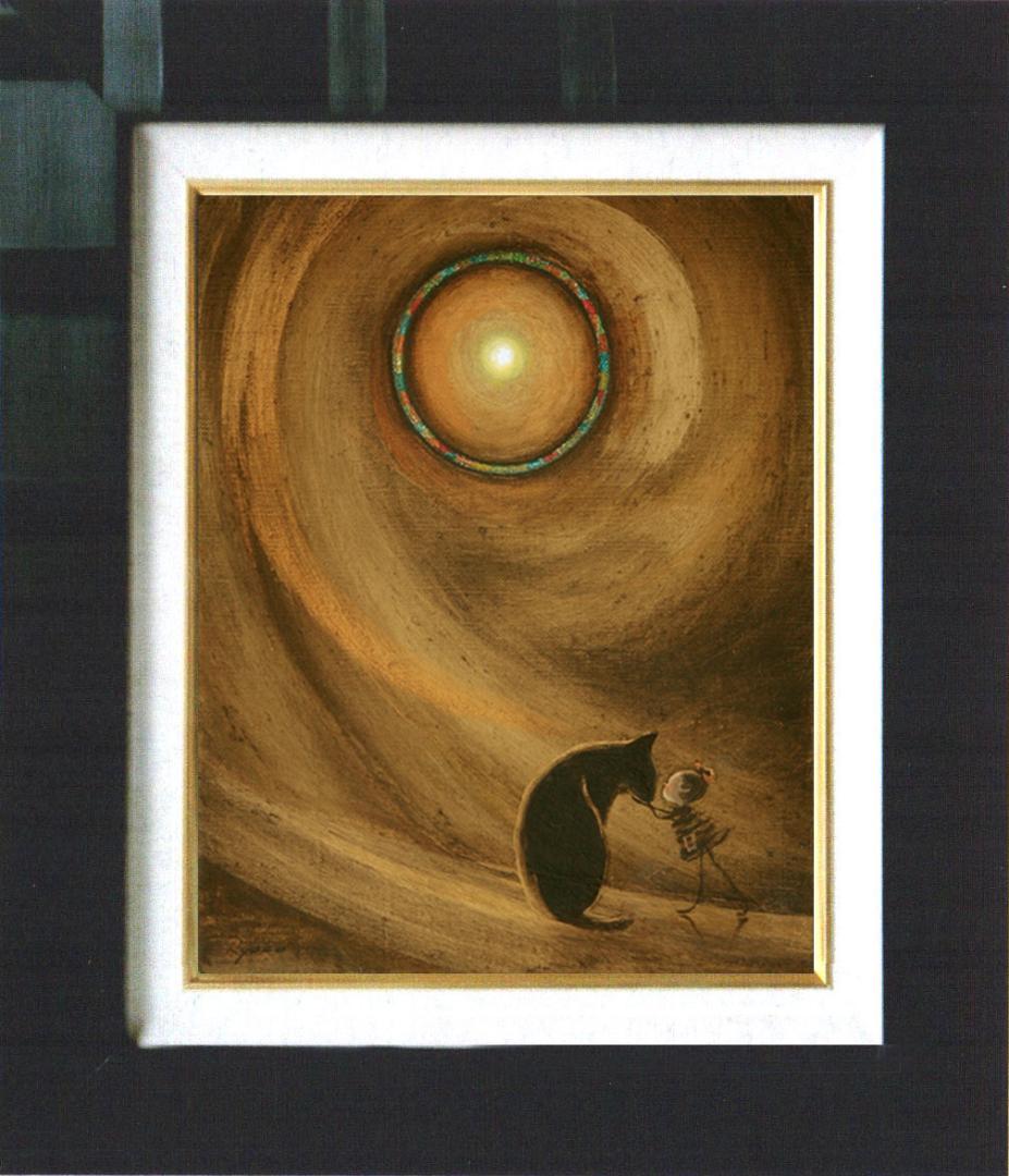 油絵菅家令子絵 絵画インテリア額付(青緑＋金色の枠)F3-072819子犬猫女子