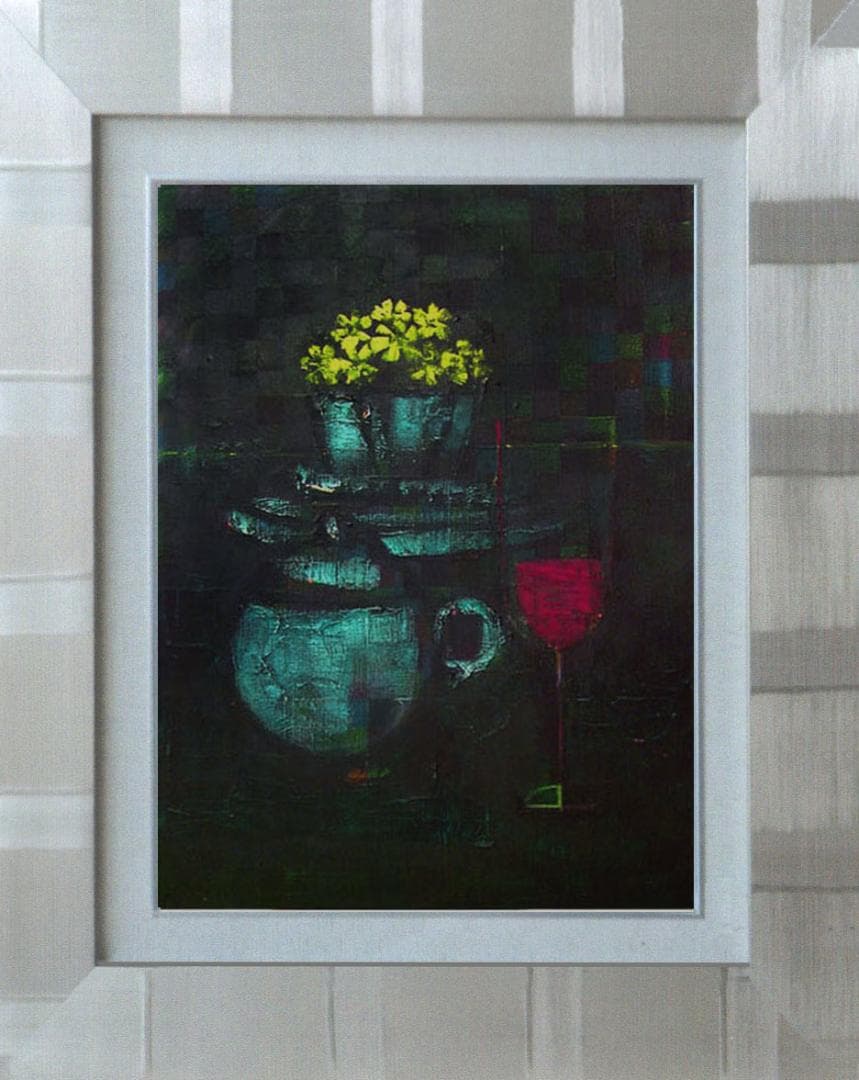 油絵 菅家令子絵 絵画インテリア額付(黒) uF6-063404 静物花グラス器