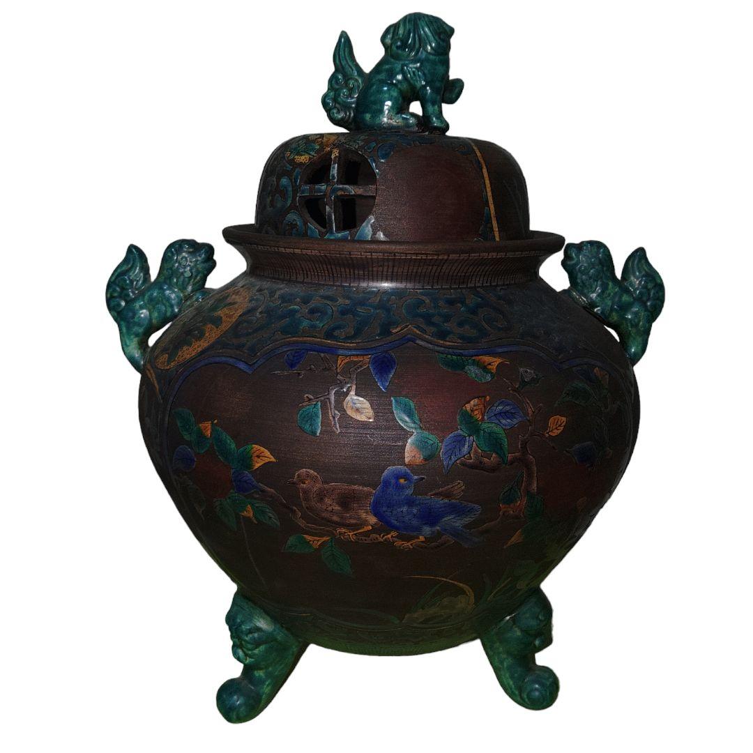 古青手九谷焼　緑釉獅子付香炉　高さ35cm