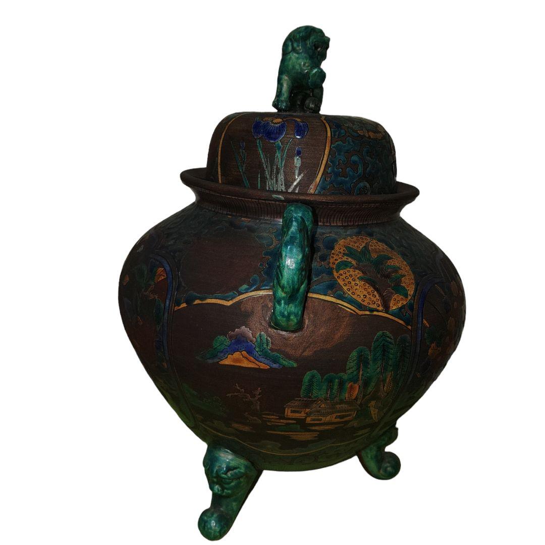 古青手九谷焼　緑釉獅子付香炉　高さ35cm