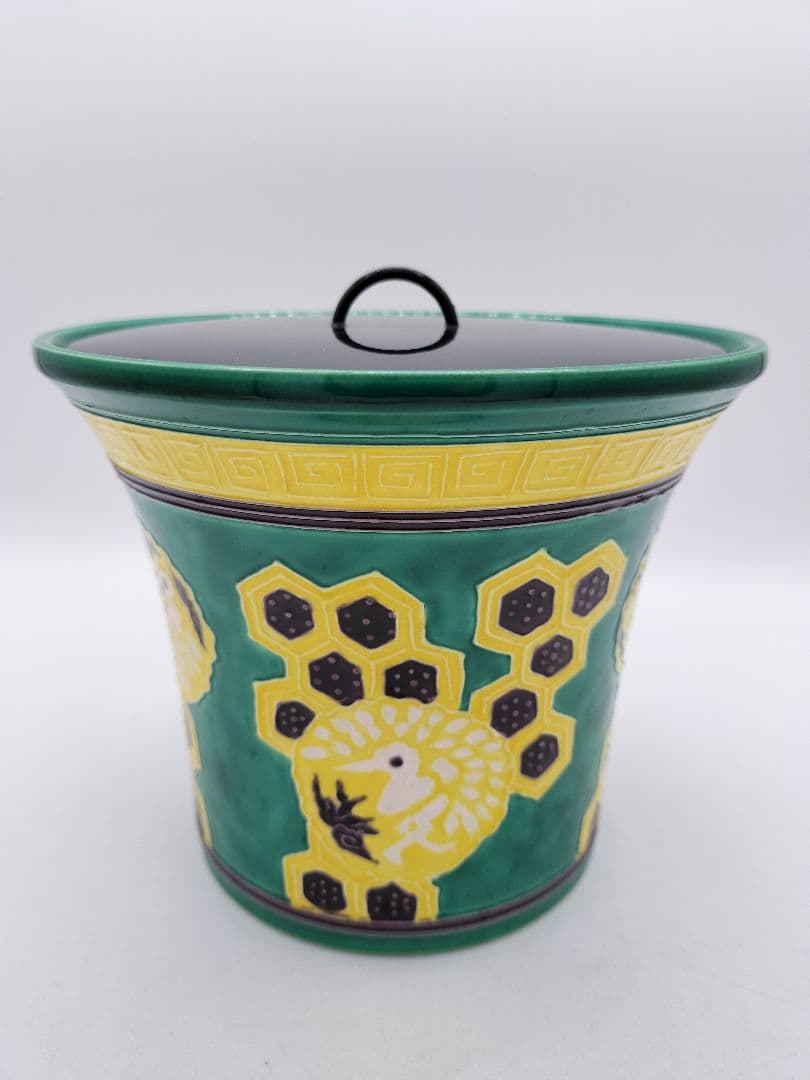 c529 【新品・未使用】水指 緑文趾 出羽亀甲 利昇窯 茶道具 即全