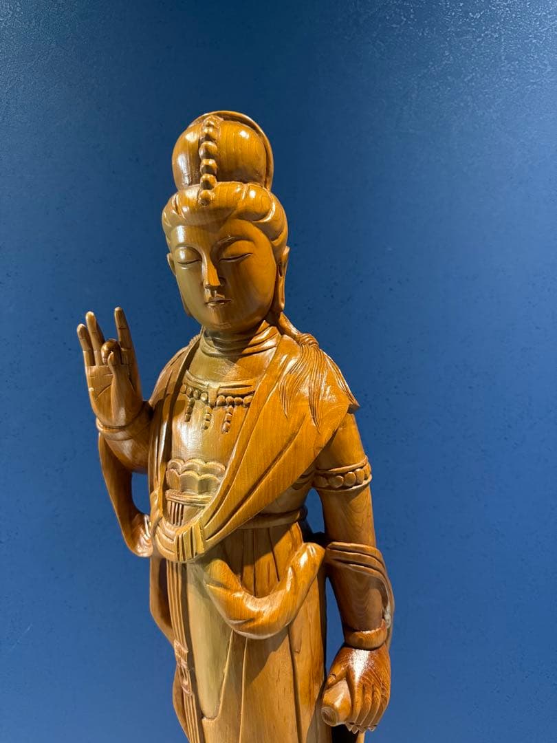 木製観音像 約88cm 魚の彫刻付き