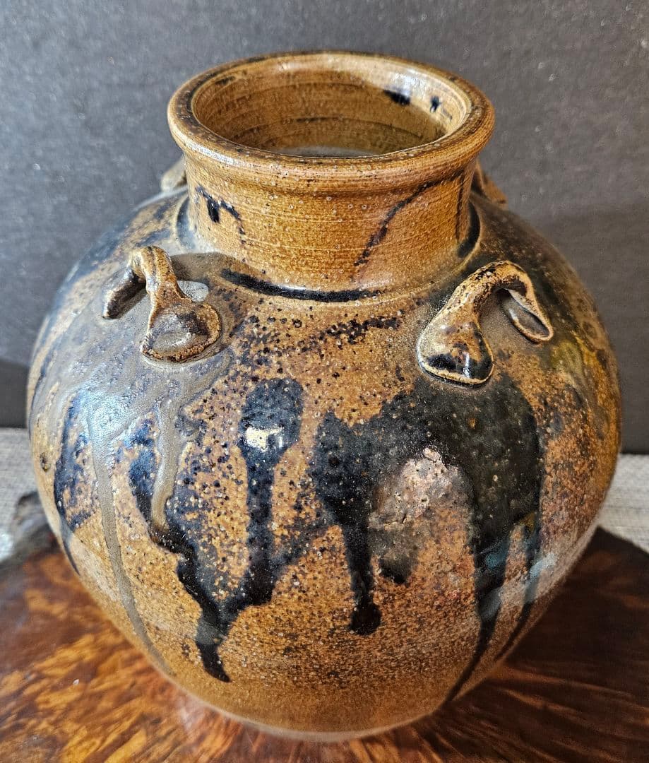 明治時代　古信楽　釉流れ　四耳壺 高 約22.7cm　花入れ　花生け　花器