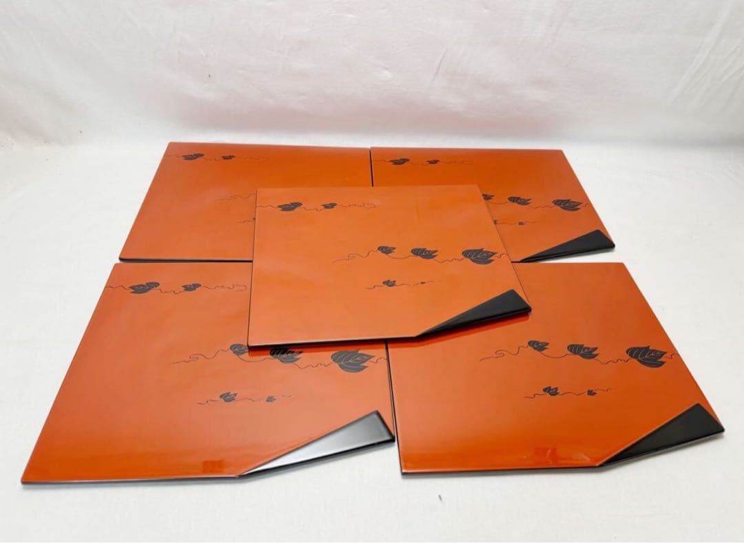 未使用 懐石道具 木製朱塗 平安 象彦 小吸物膳 5客組 葉蒔絵 底印 共布共箱