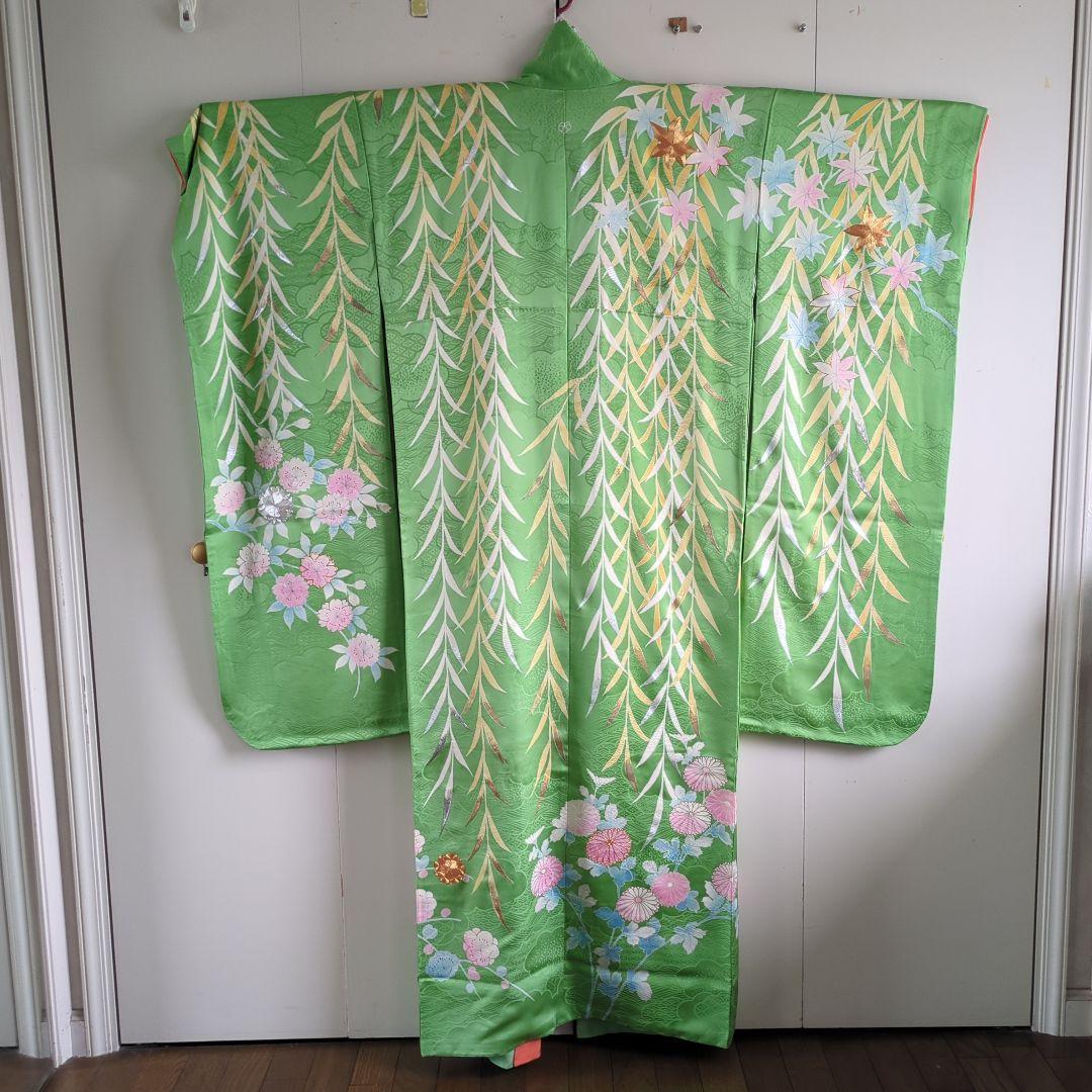 振袖 着物　緑　緑色 グリーン　花柄 結婚式