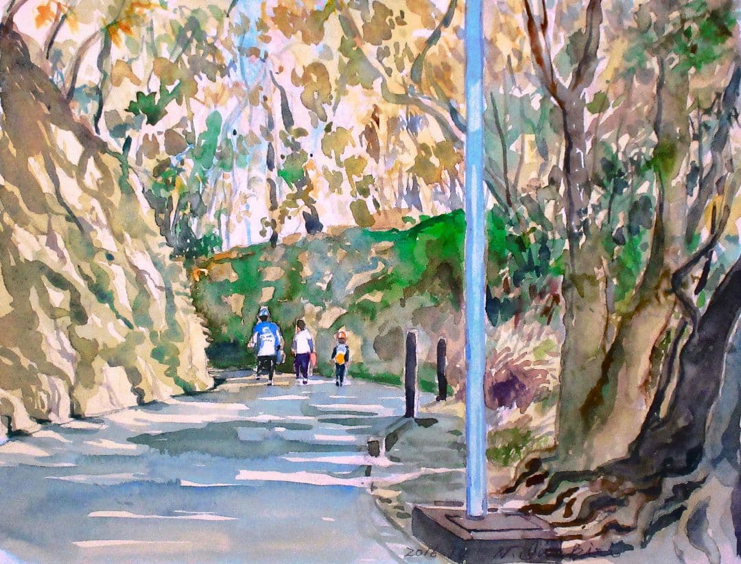 水彩画 家族連れの風景画 木製フレーム付き