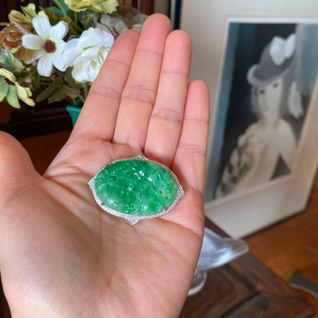 特注品　pt950翡翠ダイヤブローチ　アンティーク帯留からのリメイク　美しい