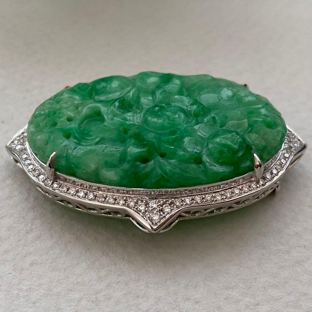 特注品　pt950翡翠ダイヤブローチ　アンティーク帯留からのリメイク　美しい