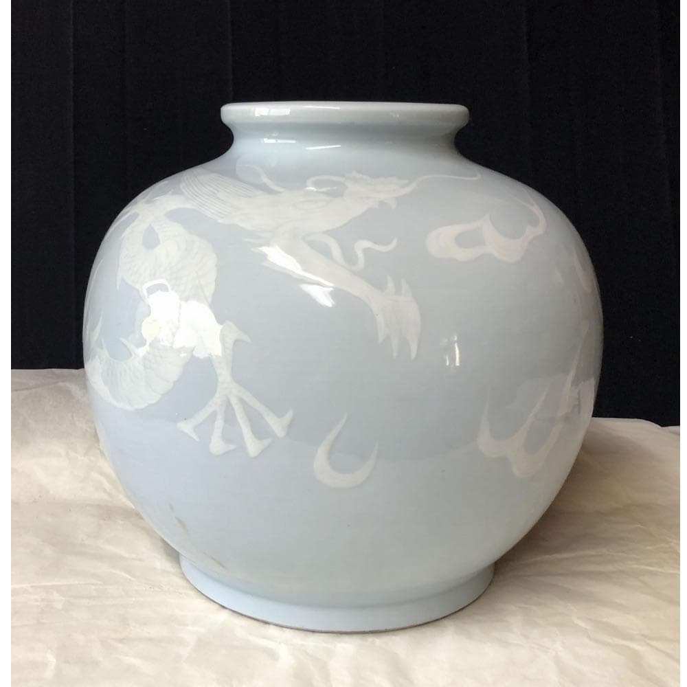 p001 京焼 青磁 龍紋 壺 渓山 銘 高さ22.5cm 壷 花器