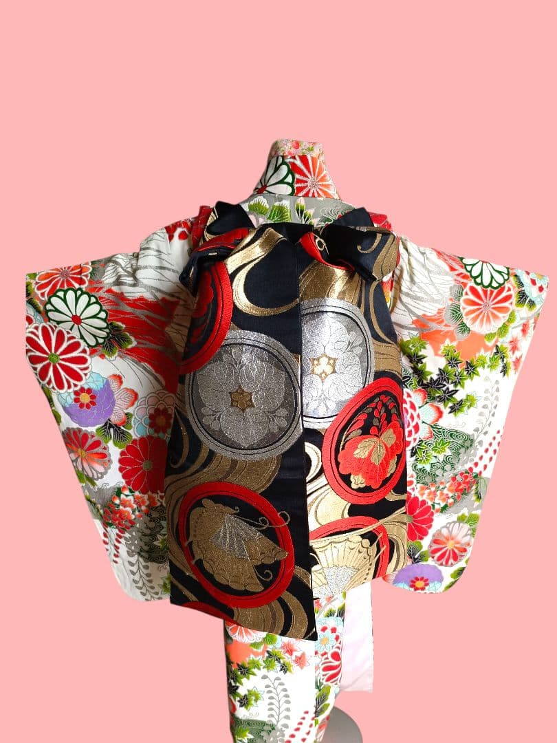アンティークレトロポップな着物と黒地だらり帯セット