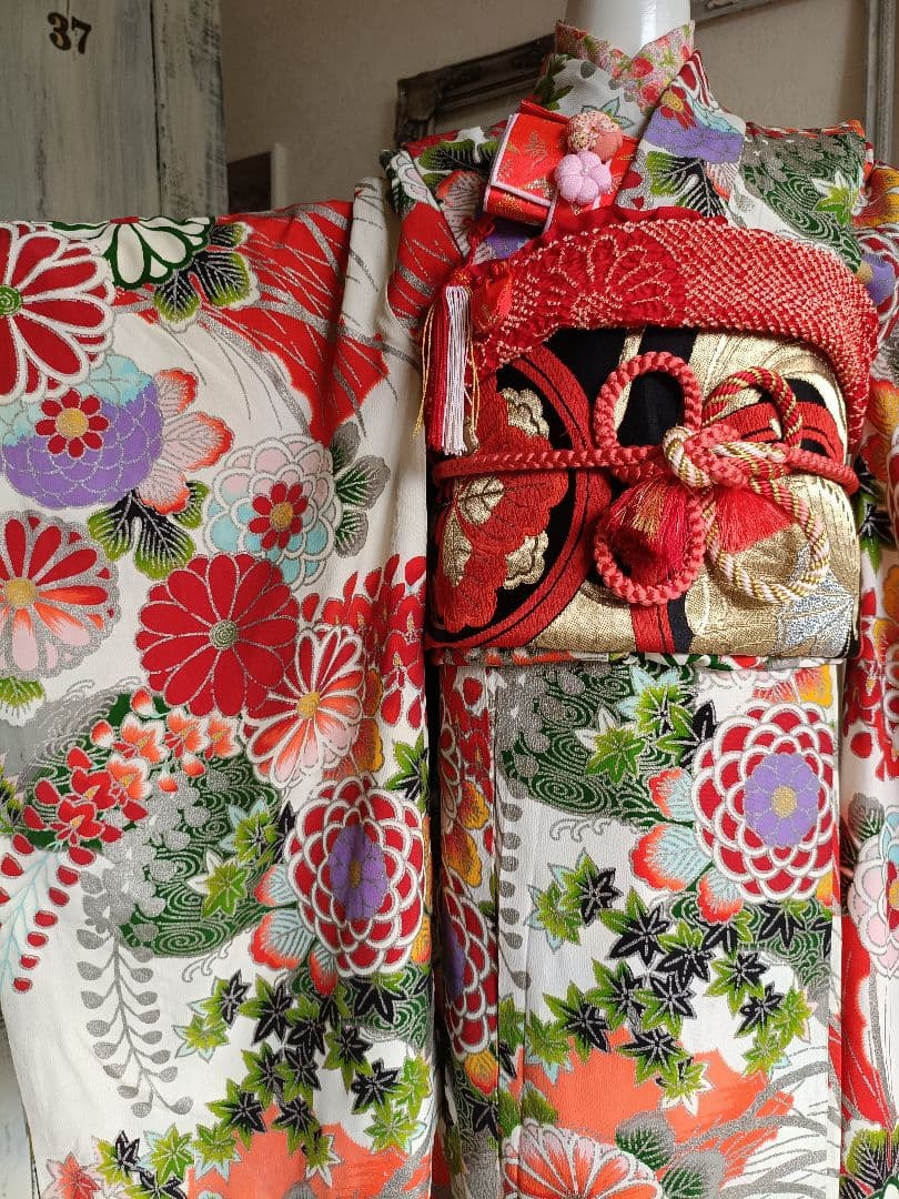 アンティークレトロポップな着物と黒地だらり帯セット