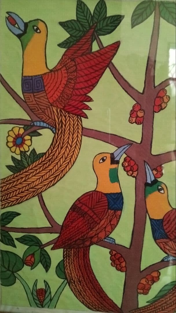 パプアニューギニア　極楽鳥とコーヒーの木　現地作家絵画