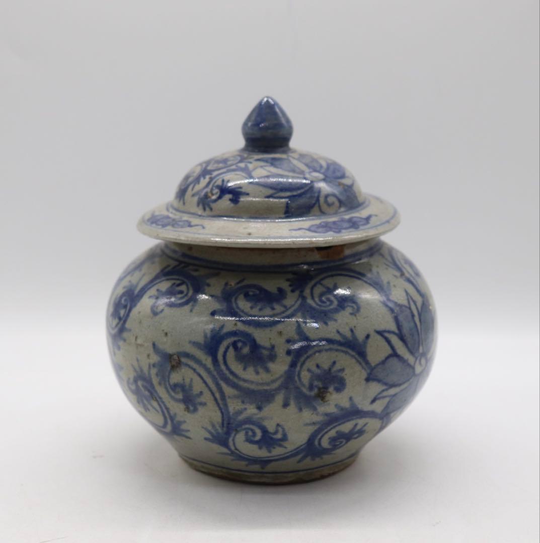 古安南　染付壺　花卉紋　送料込み250820