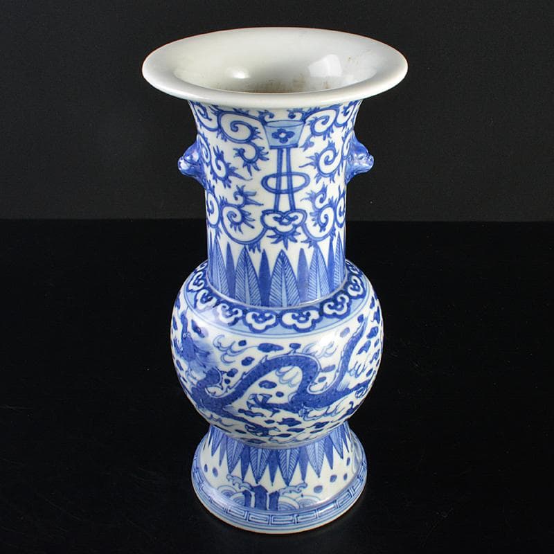 中国　大明萬暦年製款　青花　雲龍唐草文　双耳瓶　V　R7059B