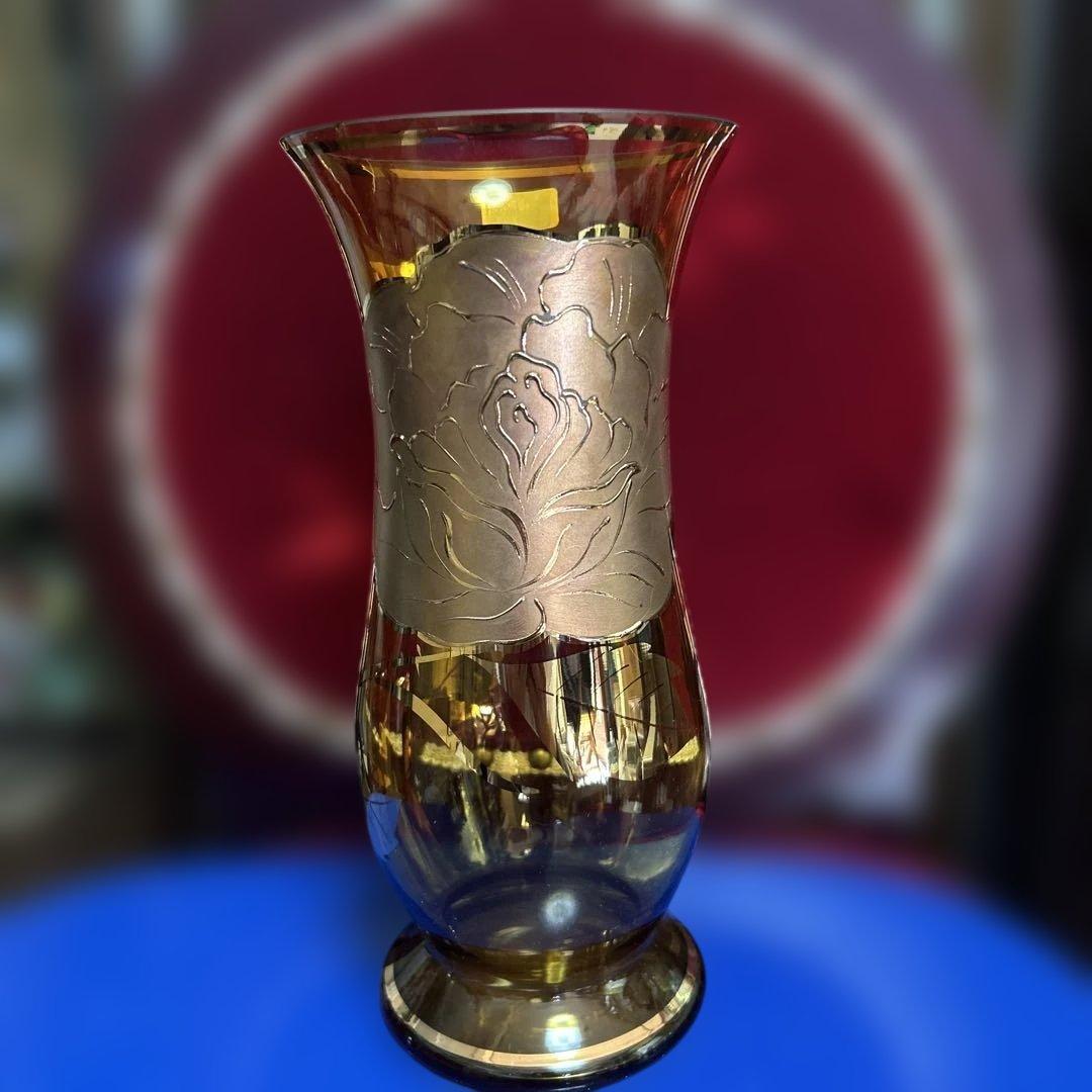 Bohemia ボヘミア花瓶　金色装飾のガラス花瓶2点　高さ26cm、23cm