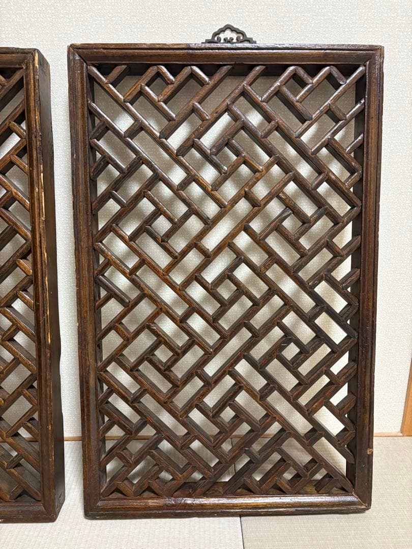 中国アンティーク☆木製建具☆シノワズリ☆欄間☆格子模様☆壁掛け装飾☆2枚セット