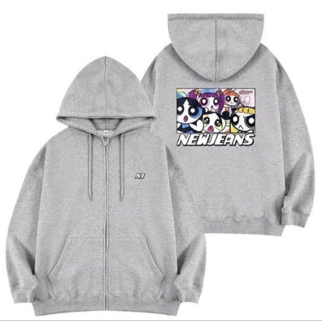 NewJeansパワーパフガールズ プリント フード付きパーカー グレー XL