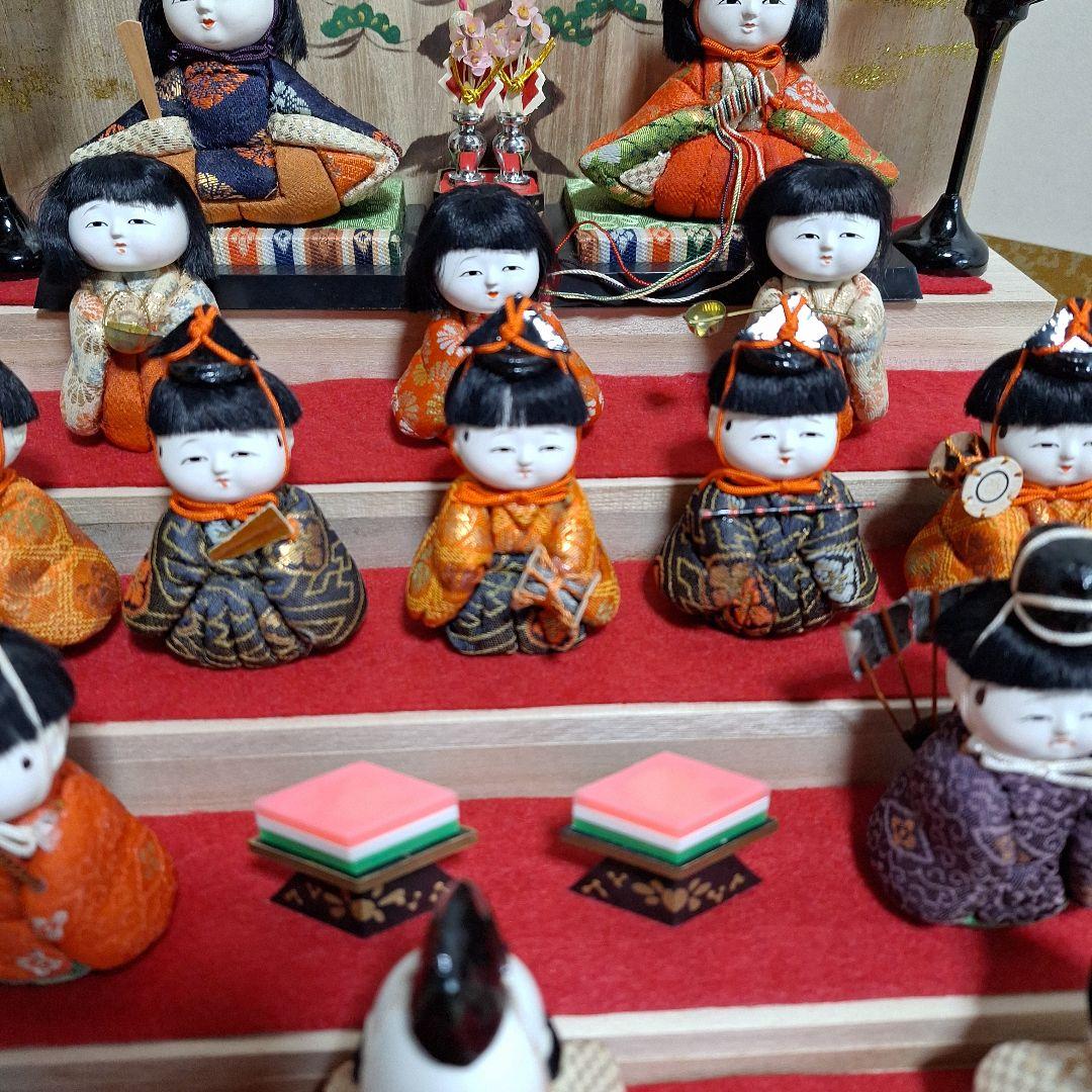 年代物木目込みお雛様、15人雛飾り、雛段新品、段飾りお雛様