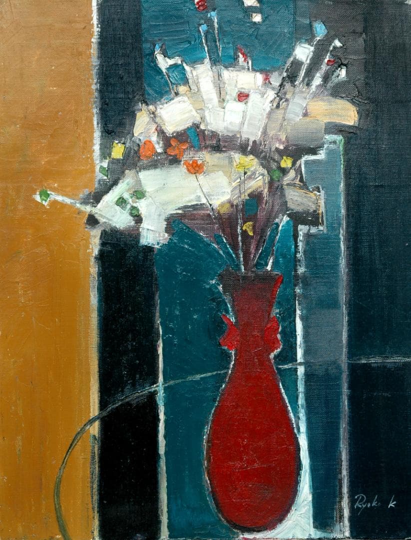 油絵 菅家令子 絵 絵画インテリア 額付(青緑＋金色の枠) F6-172023花