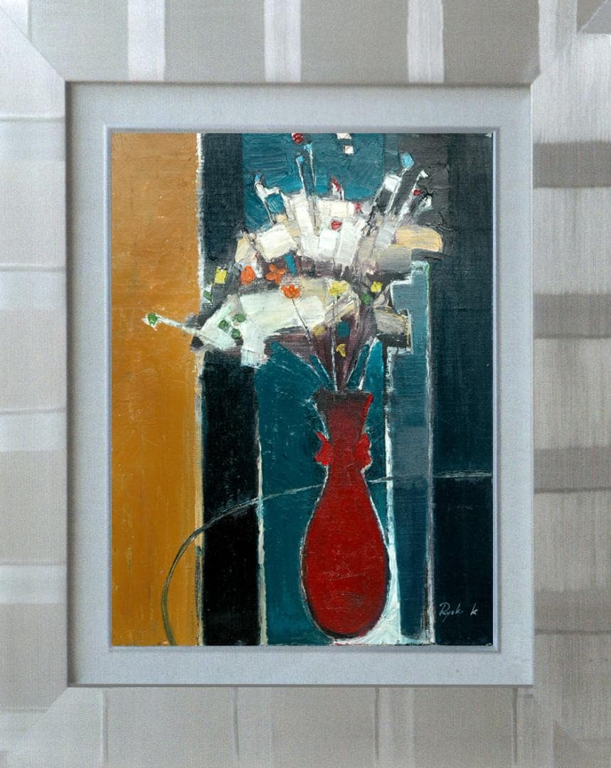 油絵 菅家令子 絵 絵画インテリア 額付(青緑＋金色の枠) F6-172023花