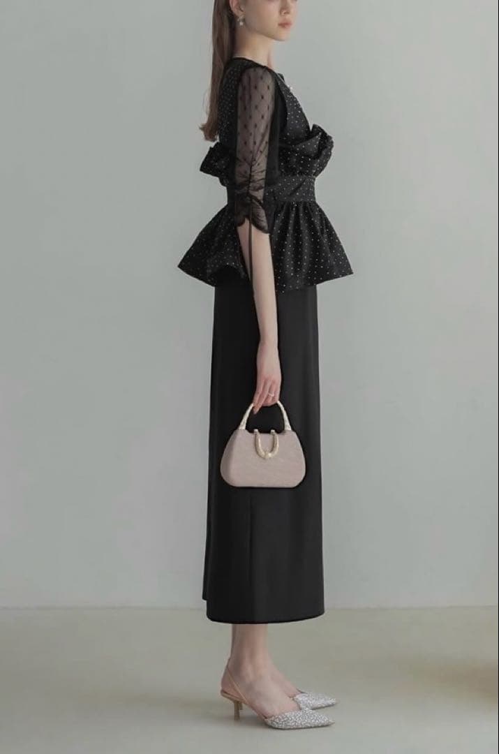 ドットストーンペプラムチュニックワンピース ブラック