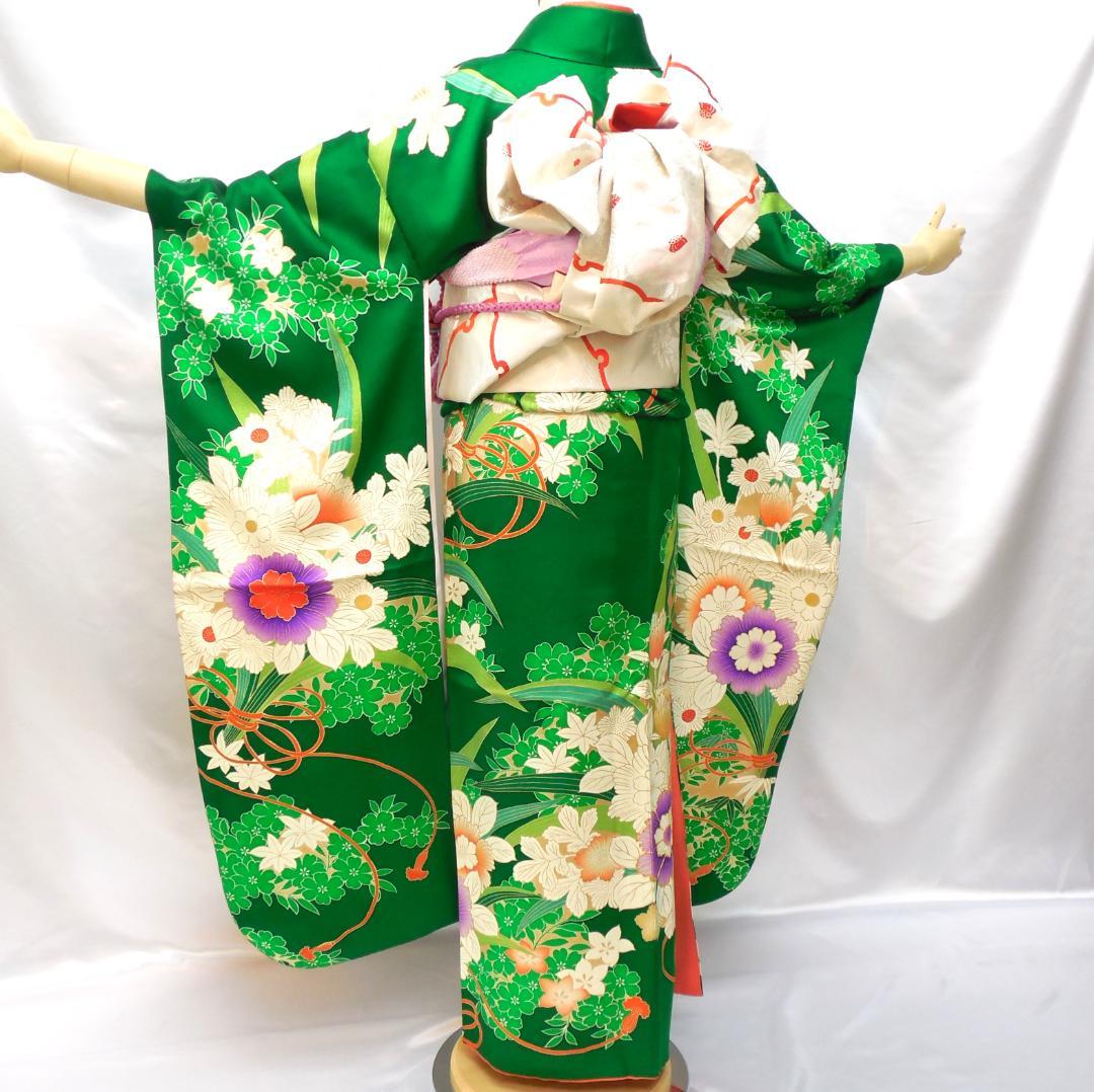 特価★ 美品　振袖フルセット　正絹　成人式　振袖　7点セット　Sサイズ　緑　花柄