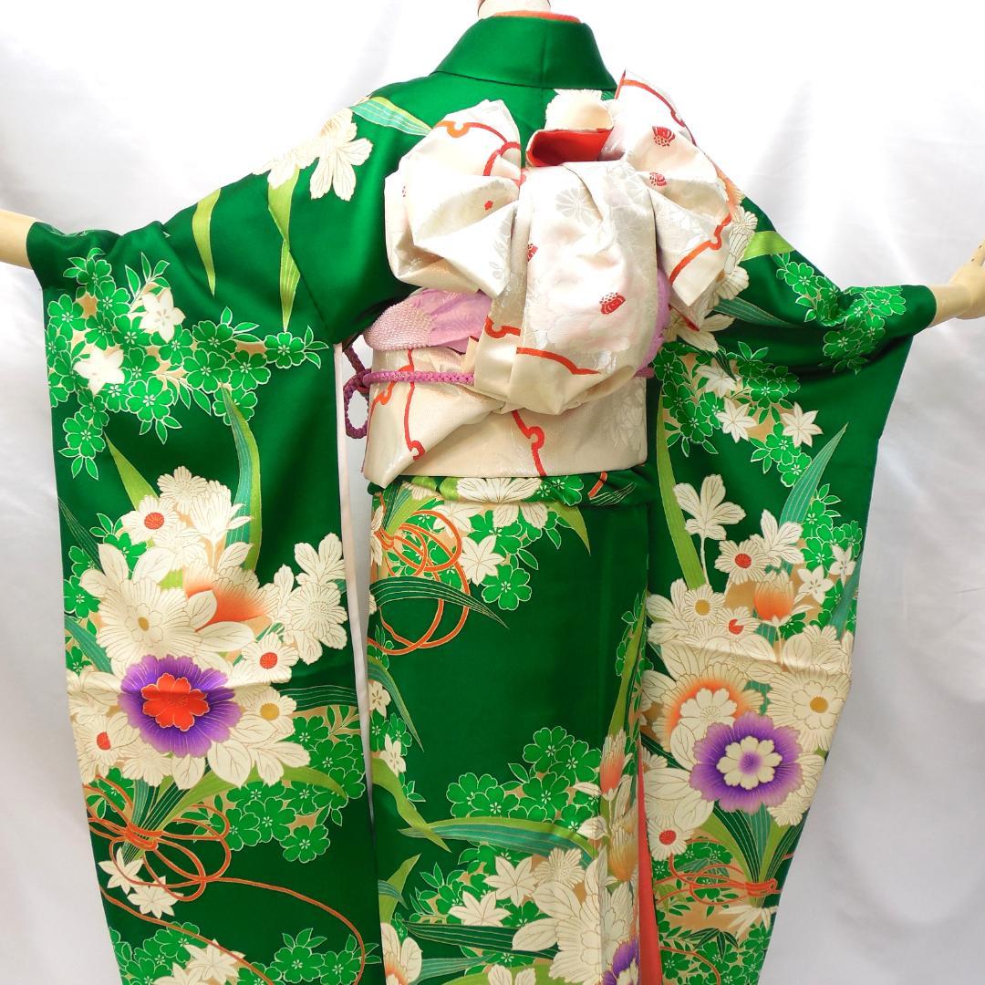 特価★ 美品　振袖フルセット　正絹　成人式　振袖　7点セット　Sサイズ　緑　花柄