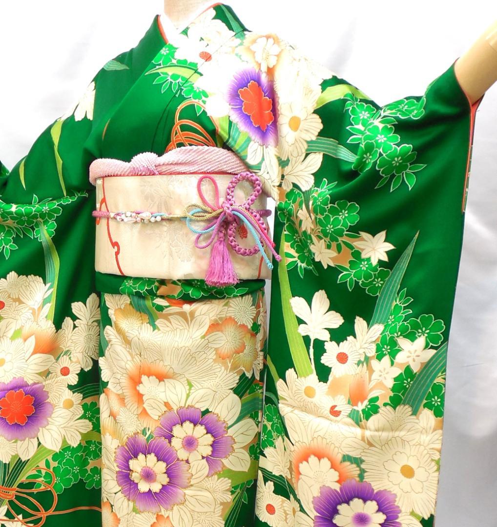 特価★ 美品　振袖フルセット　正絹　成人式　振袖　7点セット　Sサイズ　緑　花柄