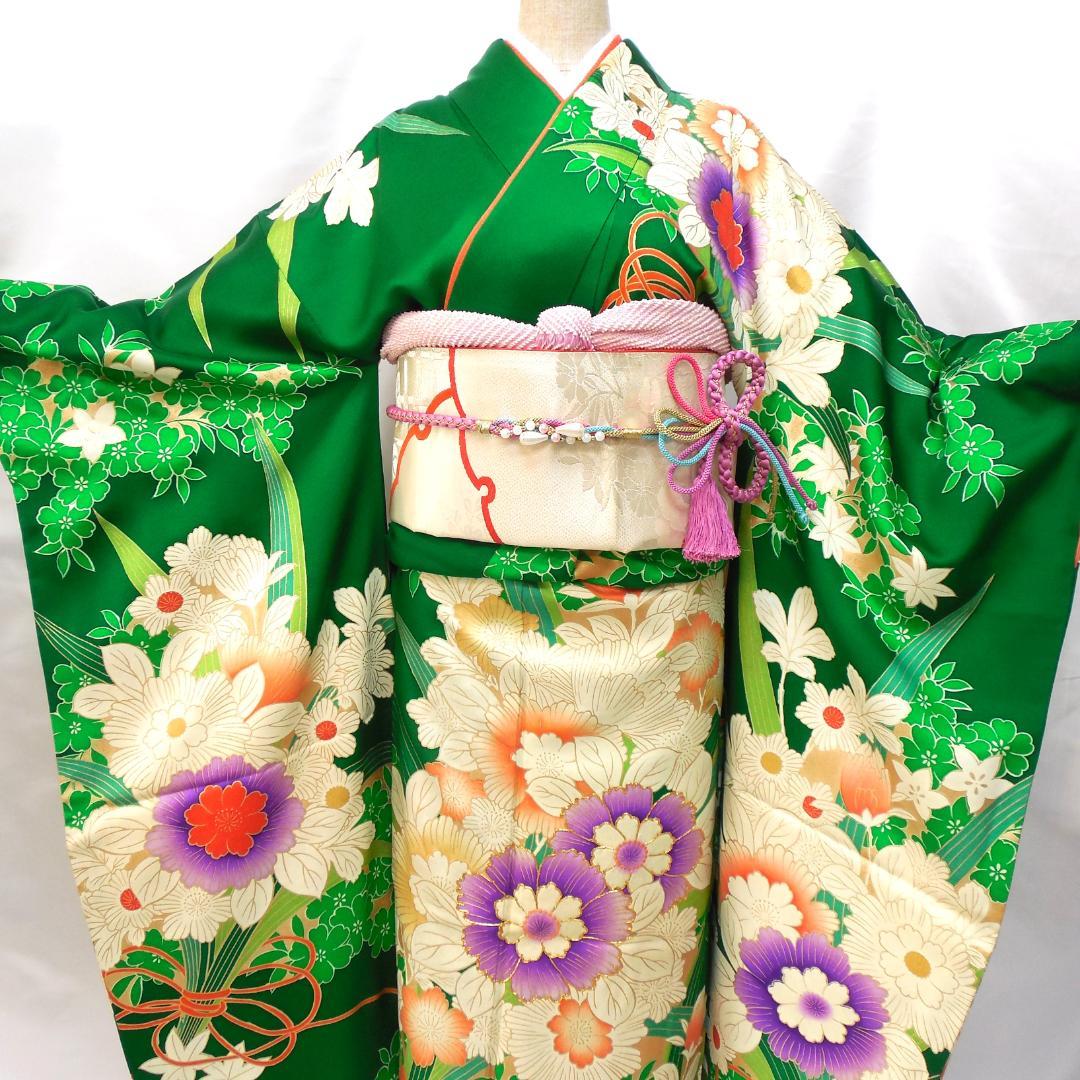 特価★ 美品　振袖フルセット　正絹　成人式　振袖　7点セット　Sサイズ　緑　花柄