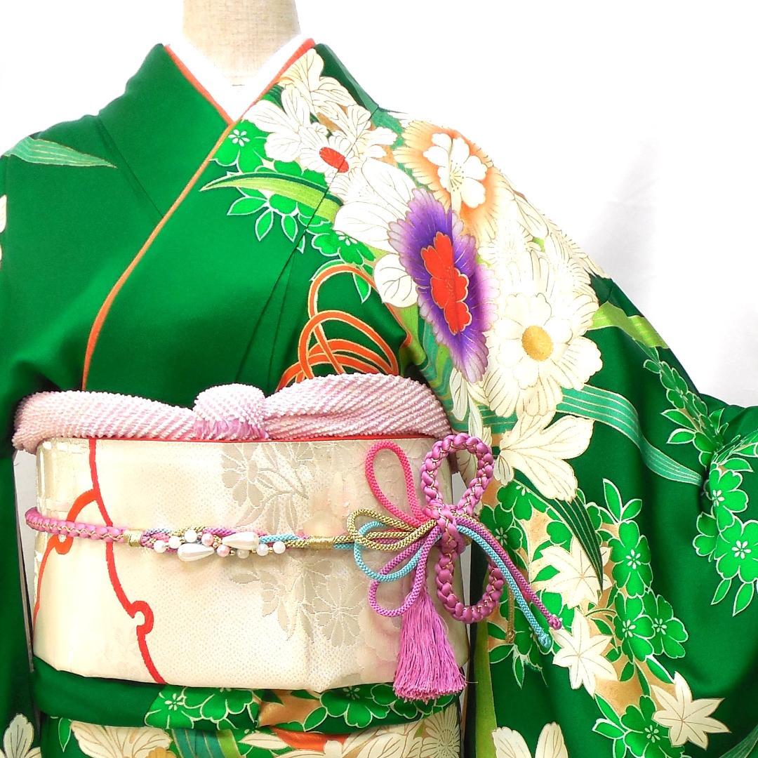 特価★ 美品　振袖フルセット　正絹　成人式　振袖　7点セット　Sサイズ　緑　花柄