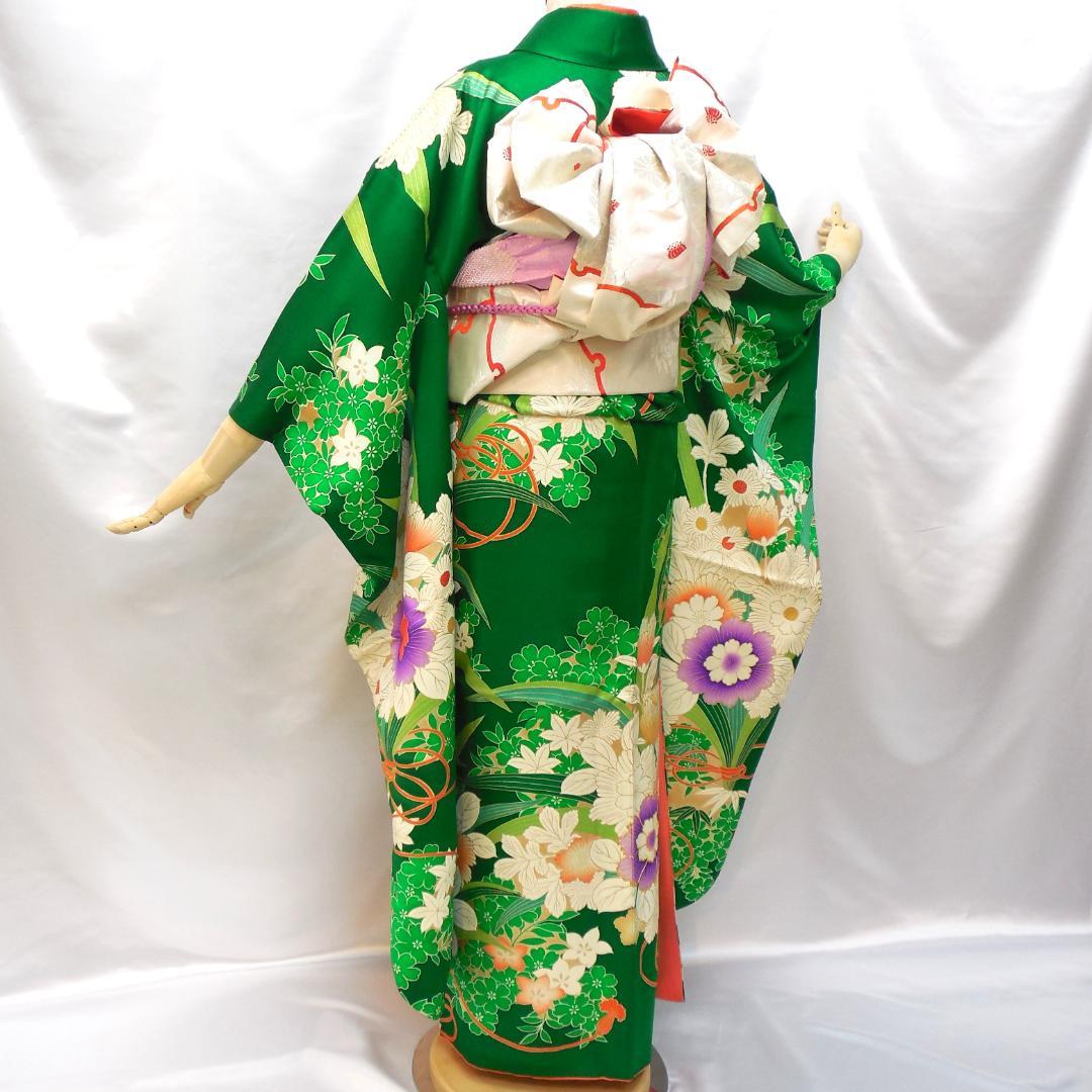 特価★ 美品　振袖フルセット　正絹　成人式　振袖　7点セット　Sサイズ　緑　花柄