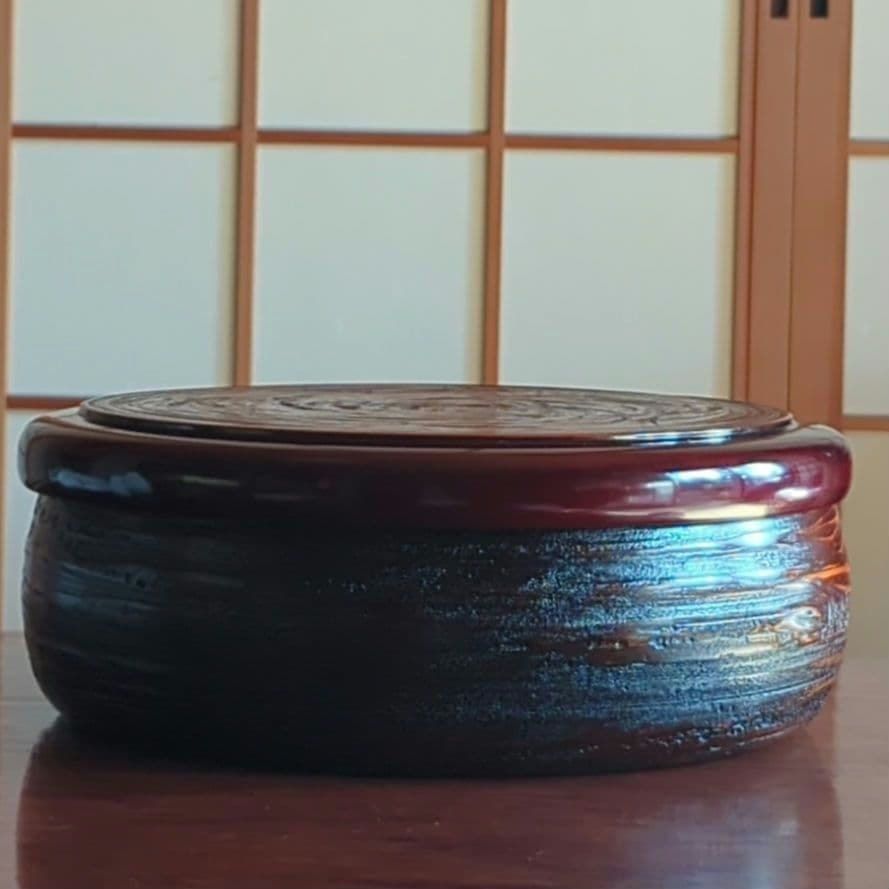 茶道具　漆器　木工細工　天然木　木製くり抜き茶櫃（上蓋独楽塗盆）茶器入れ　大寸