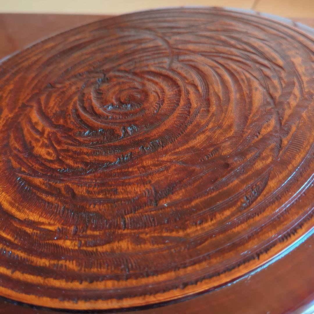 茶道具　漆器　木工細工　天然木　木製くり抜き茶櫃（上蓋独楽塗盆）茶器入れ　大寸