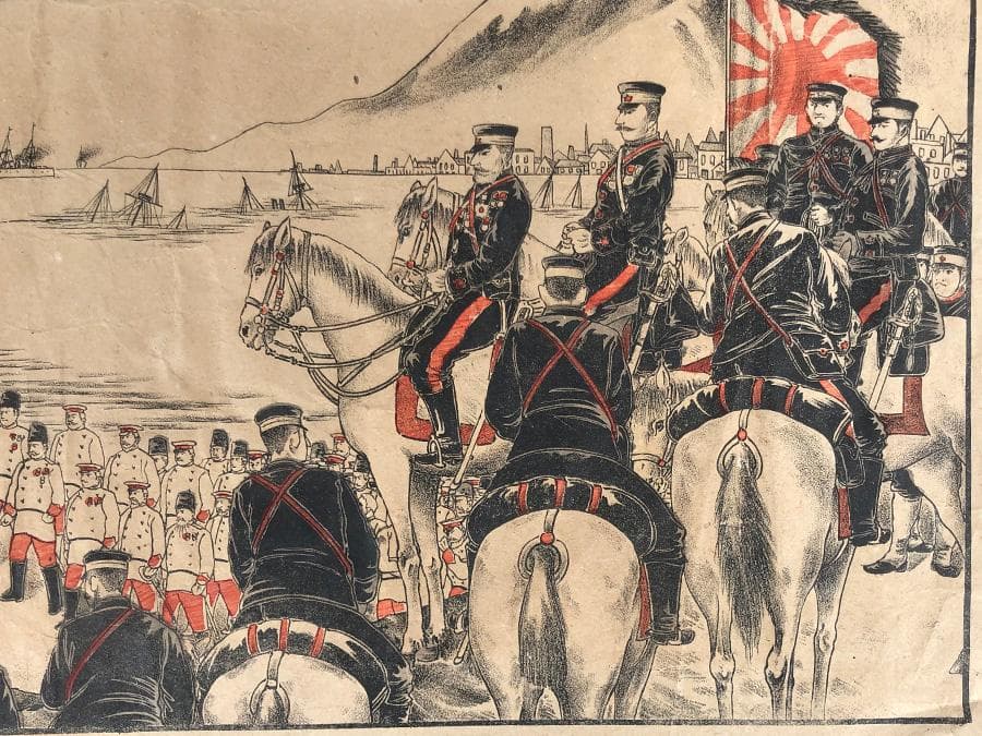 【丸】大日本帝国軍 旧日本軍版画 明治38年日露戦争 旅順口入城式火園